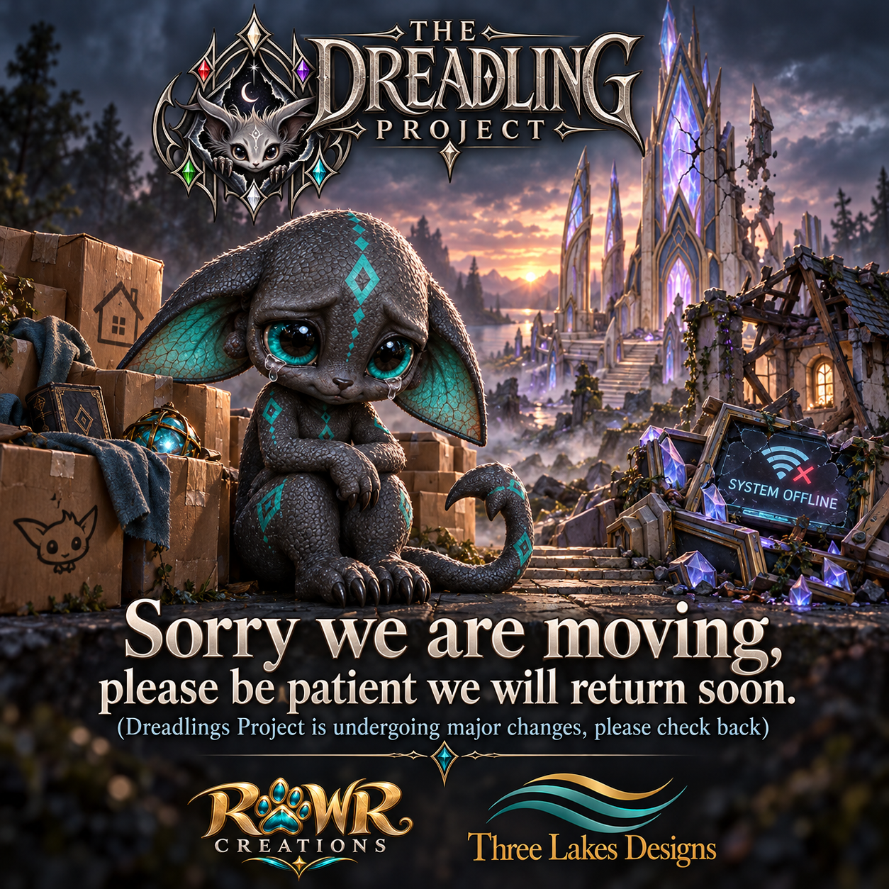 A sad Dreadling sits beside moving boxes, a damaged home and Dreadspire. Sorry, we are moving. Please be patient; we will return soon. The Dreadlings Project is undergoing major changes; please check back. Branded by The Dreadling Project, Rawr Creations and Three Lakes Designs.